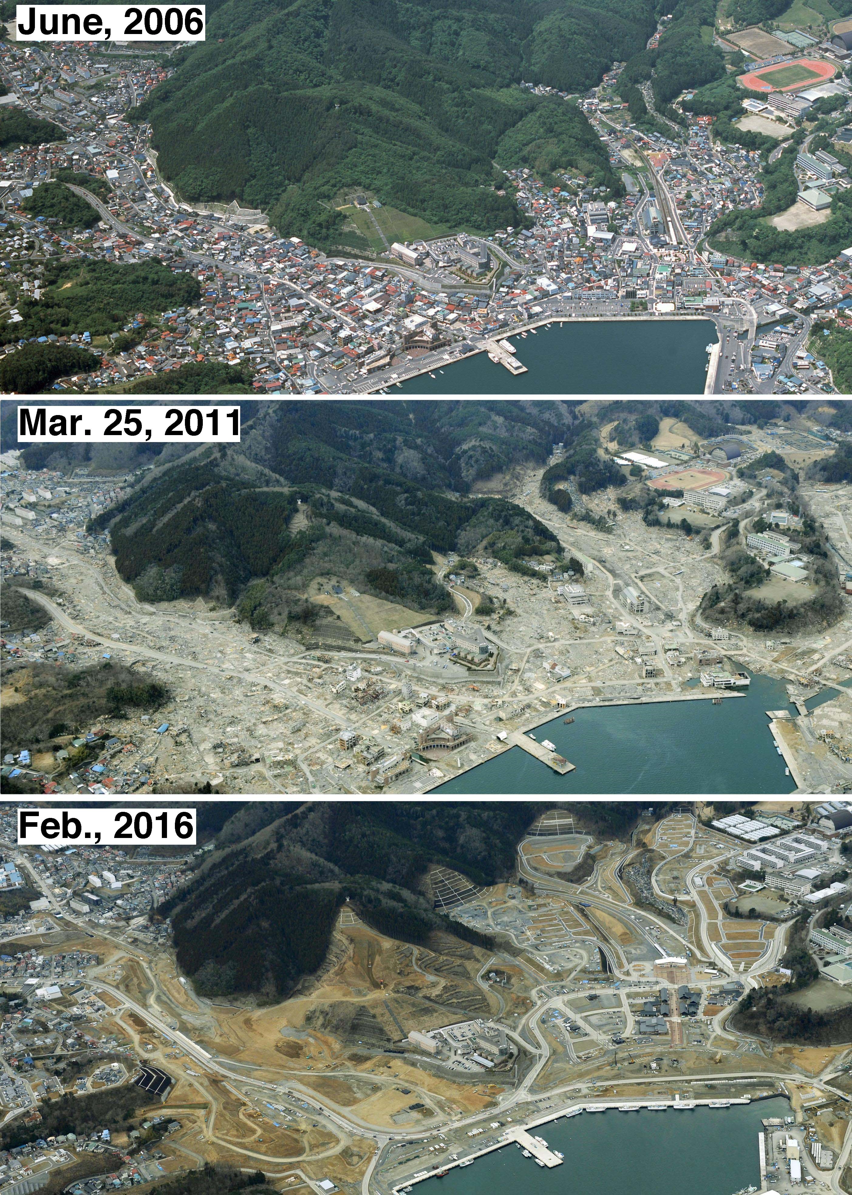 Onagawa before, right after, and 5 years after the event.